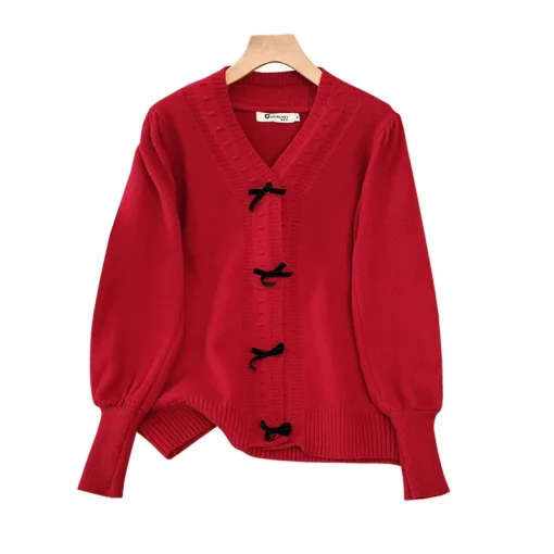 Plus Size Women's Loose V-Neck Bow Knitted Sweater Coat - Image 6