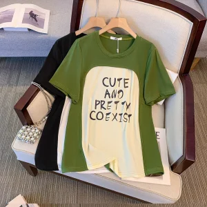 Plus Size Women's Summer Loose Color Block Short Sleeve Top