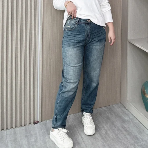 Plus Size High Waist Straight Leg Denim Cigarette Pants - Image 2