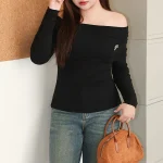 Plus Size Women's Off Shoulder Long Sleeve Knit T-Shirt