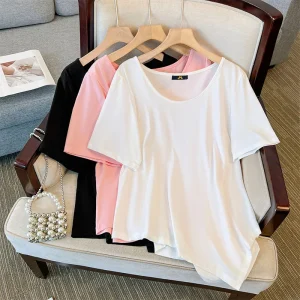 Plus Size Loose Short-Sleeved Irregular Solid T-Shirt for Summer