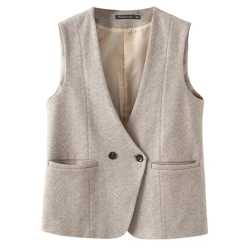 Plus Size Woolen Double-Breasted Slim Fit Vest Coat - Image 6