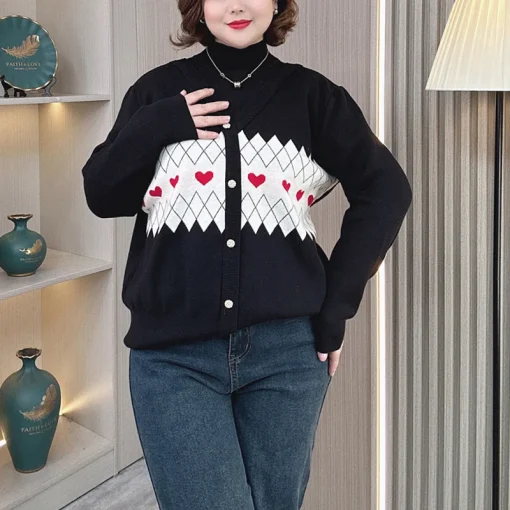 Plus Size Women’s Block Color Jacquard Mock Neck Sweater - Image 2