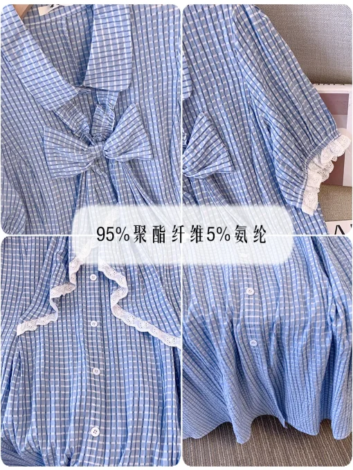 Plus Size Women's Summer Loose Blue Plaid Polo Collar Dress - Image 5