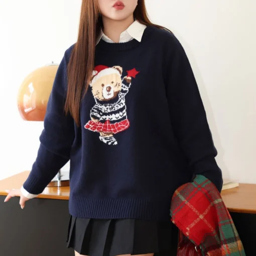 Vintage Bear Embroidered Crew Neck Sweater Women Plus Size - Image 4