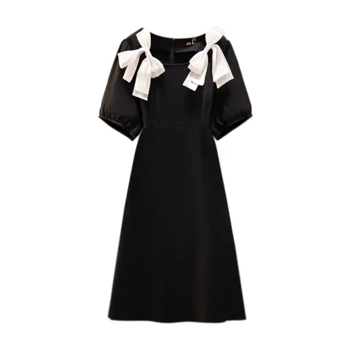 Plus Size Women's Loose Bow Short Sleeve Square Neck Dress - Image 6