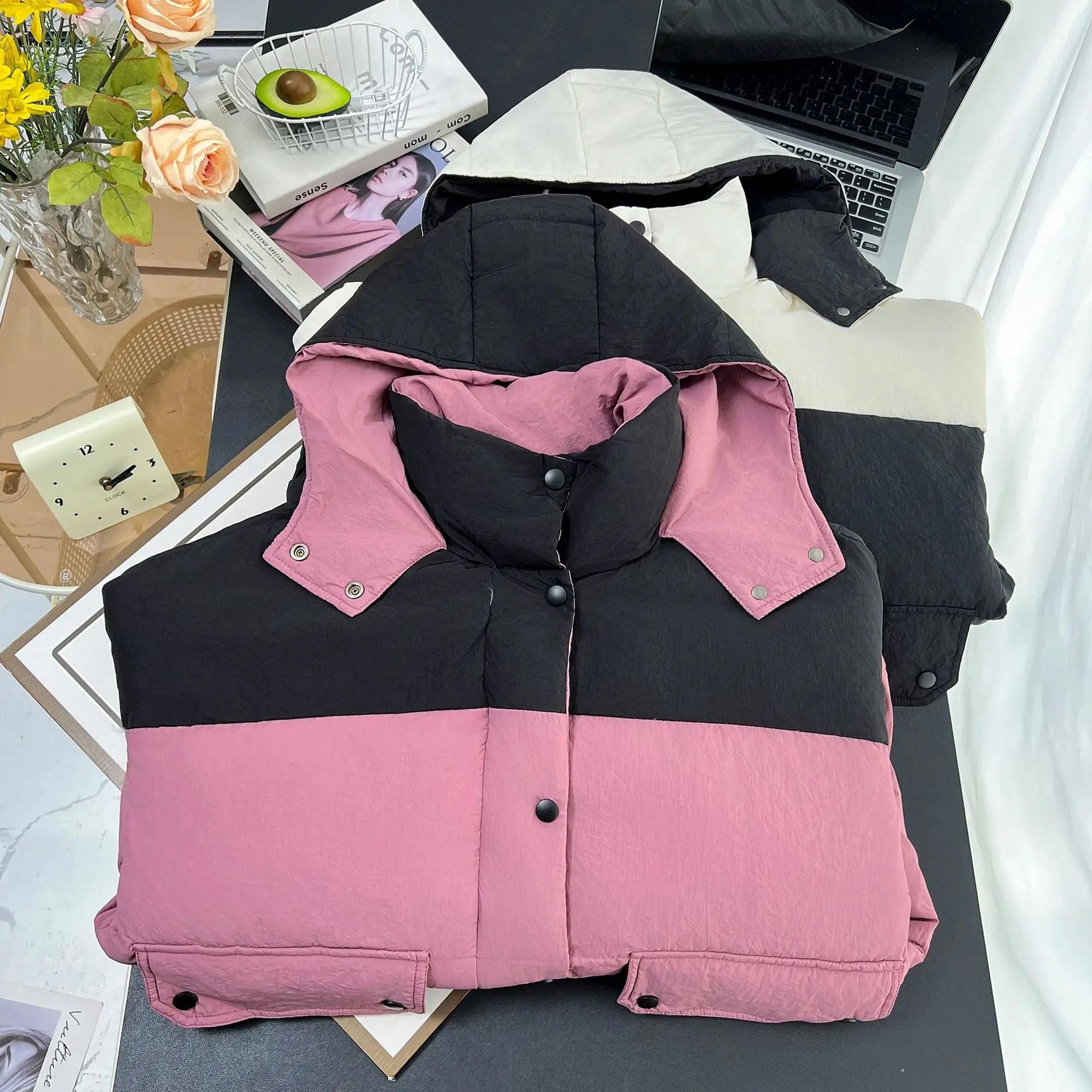 Plus Size Women Down Coat Winter Hooded Block Color Jacket - Image 6