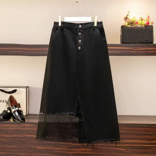 Plus Size Women's High Waist Slit Mesh Denim Skirt