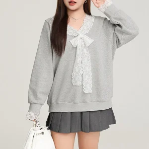 Plus Size Women's Retro Bow Lace Ribbon V-neck Hoodie