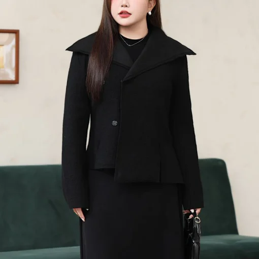 Lapel 100% Sheep Wool Coat Women Plus Size Slim Jacket - Image 3