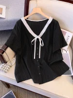 Plus Size Women's Summer Loose Lace Silk V-Neck Top