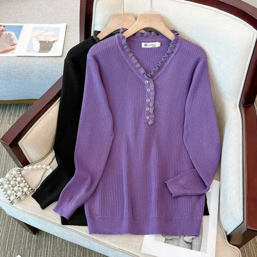 Plus Size Women's Loose V-Neck Knit Sweater with Lace