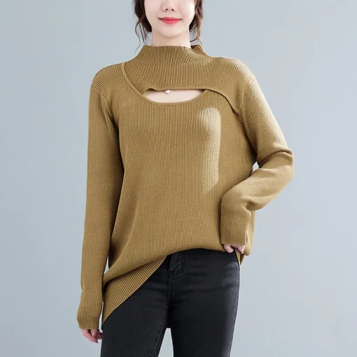 Oversized Long Sleeved Hollow Knitted Sweater for Women - Image 4