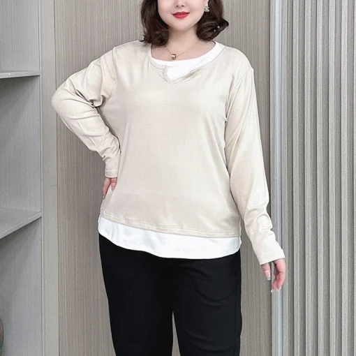 Plus Size Autumn Long Sleeve Loose Fake Two-Piece T-Shirt - Image 2