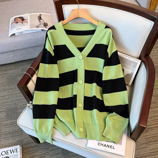 Plus Size Women's V-Neck Striped Cardigan Sweater Jacket