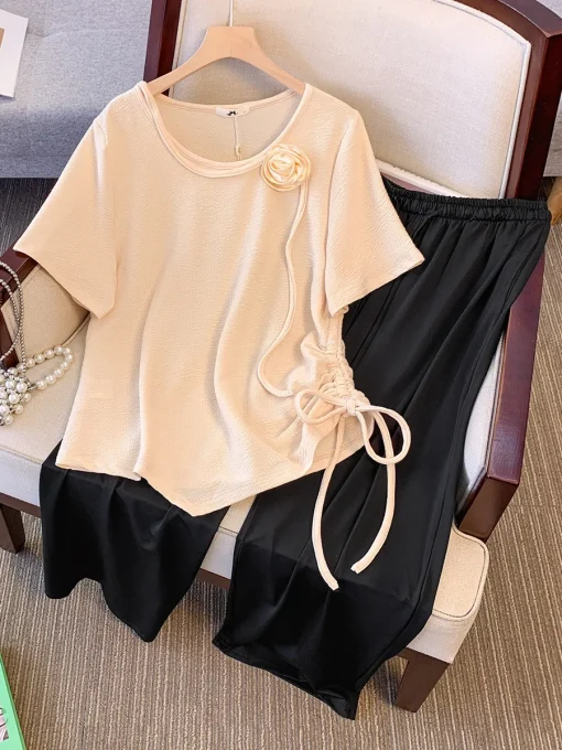 Plus Size Women's Summer Loose Drawstring T-shirt Wide Leg Pants Set