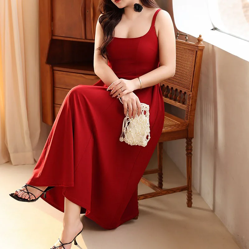 Women's Square Collar A-Line Black Long Dress, Plus Size - Image 2
