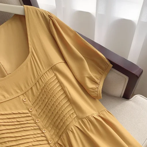 Plus Size Women's Loose Yellow Square Neck Summer Dress - Image 6