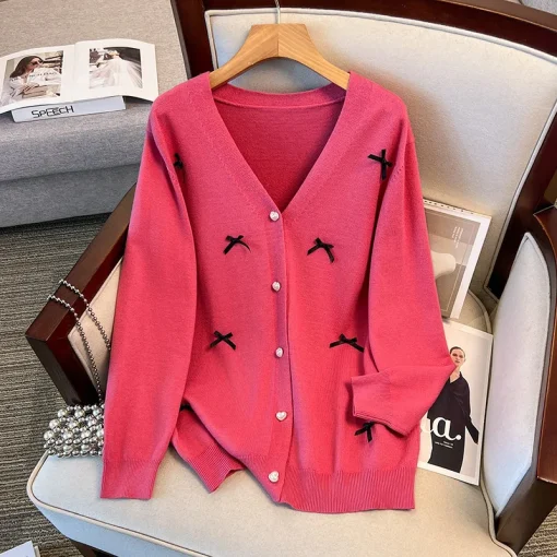 Plus Size Loose V-Neck Bow Knitted Cardigan Sweater - Image 3