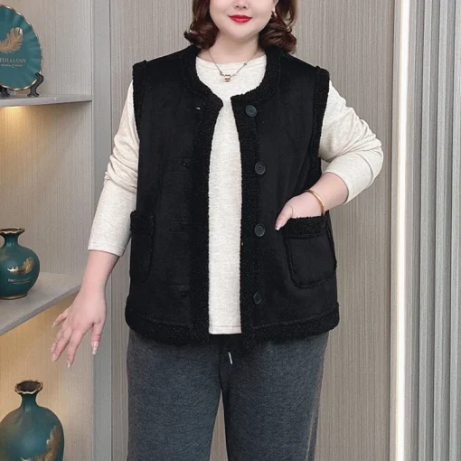 Plus Size Warm Fleece-Lined Suede Vest Coat Waistcoat - Image 3