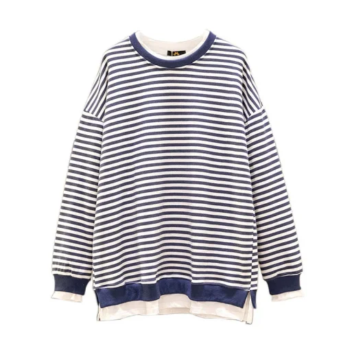 Plus Size Loose Striped Fake Two-Piece Long-Sleeve Sweatshirt - Image 6