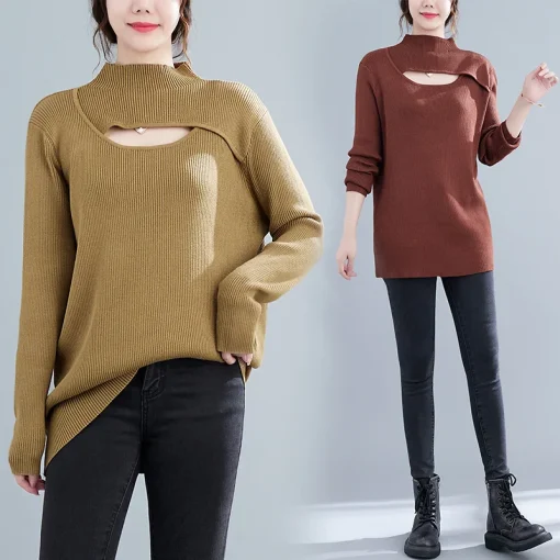 Oversized Long Sleeved Hollow Knitted Sweater for Women - Image 3