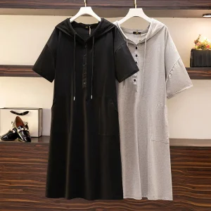 Plus Size Women's Loose Hooded Short Sleeve T-Shirt Dress
