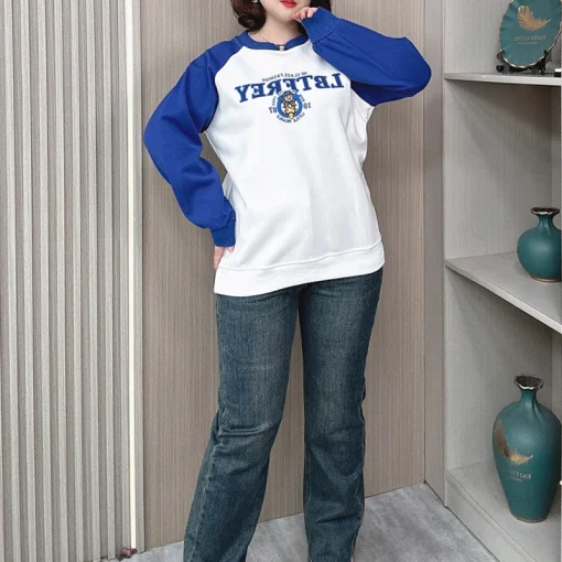 Women's Plus Size Block Color Embroidered Hoodie Sweatshirt - Image 2