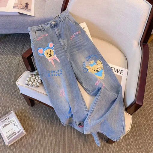 Plus Size Women's Loose Elastic Straight Leg Puppy Print Jeans