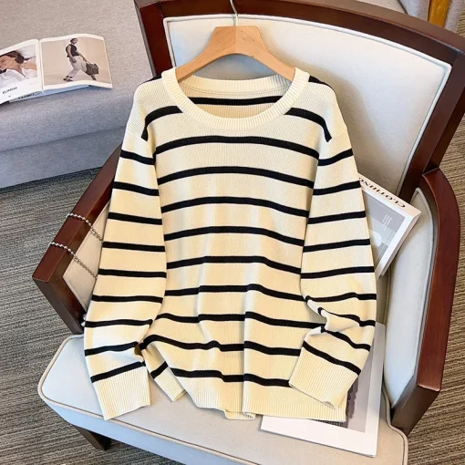 Plus Size Women's Loose Long Sleeve Striped Knitted Sweater - Image 4