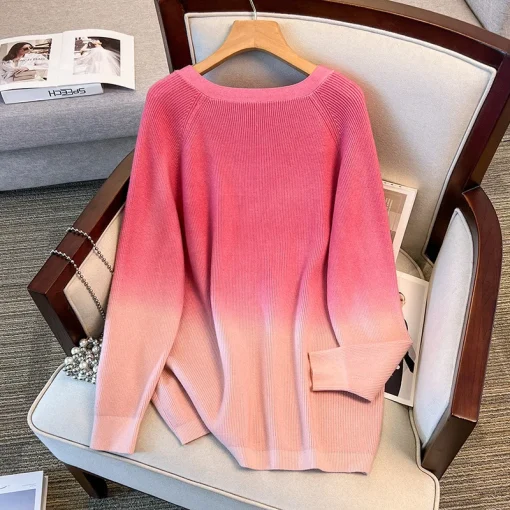 Plus Size Spring Autumn Winter Loose V-Neck Gradient Cardigan - Image 3