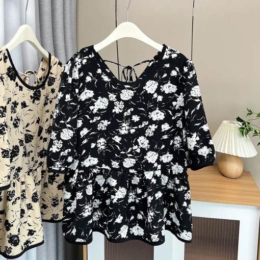 Plus Size Floral Puff Sleeve Sweet Fashion Blouse - Image 6