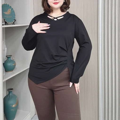 Plus Size Women’s Long Sleeve Hollow V-Neck Basic Tee - Image 4