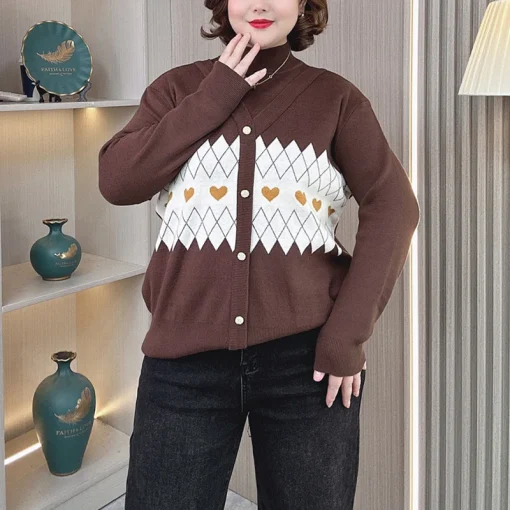 Plus Size Women’s Block Color Jacquard Mock Neck Sweater - Image 3