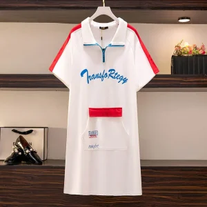 Plus Size Women's Lapel Contrast Color Casual T-Shirt Dress