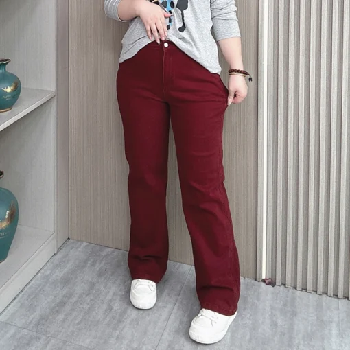 Plus Size High Waisted Loose Wine Red Straight Leg Jeans - Image 2