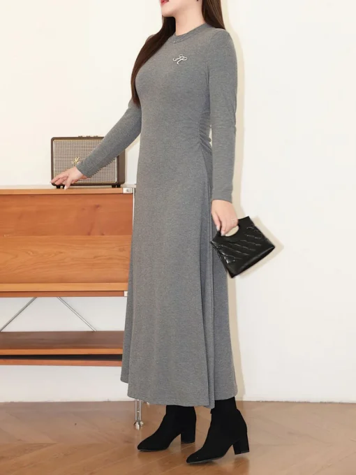 Crew Neck Slim Dress Women Plus Size Long Sleeve - Image 4