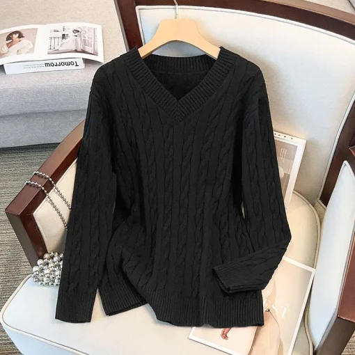 Plus Size Women's V-Neck Loose Knitted Pullover Sweater - Image 5