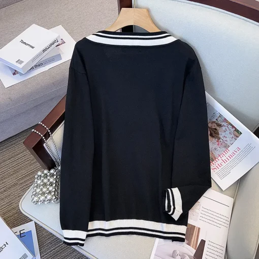 Plus Size V-Neck Striped Knit Loose Pullover Sweater - Image 5