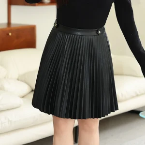 Harmonium Pleated PU Leather Skirt Women Plus Size High Waist