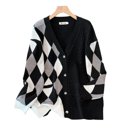 Plus Size Women's Loose V-neck Cardigan Plaid Sweater - Image 6