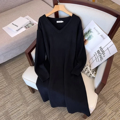 Plus Size Spring Autumn Winter Loose Long V-Neck Sweater Dress - Image 3