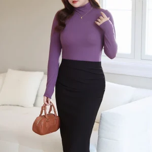 Women's Solid Color Turtleneck Slim Fit T-Shirt, Plus Size