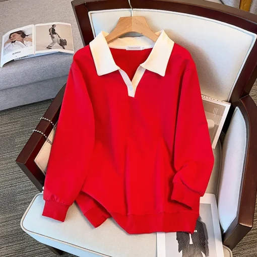 Plus Size Loose Lapel Long Sleeve Sweatshirt for Women - Image 4