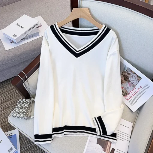 Plus Size V-Neck Striped Knit Loose Pullover Sweater - Image 3