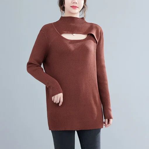 Oversized Long Sleeved Hollow Knitted Sweater for Women - Image 5