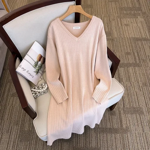 Plus Size Spring Autumn Winter Loose Long V-Neck Sweater Dress - Image 4