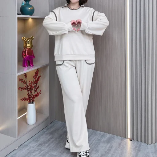 Plus Size Long Sleeve Block Color Sweatshirt and Pants Set - Image 2