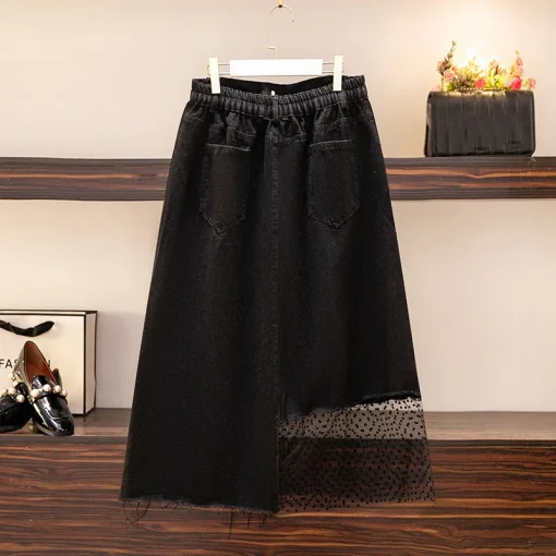 Plus Size Women's High Waist Slit Mesh Denim Skirt - Image 3