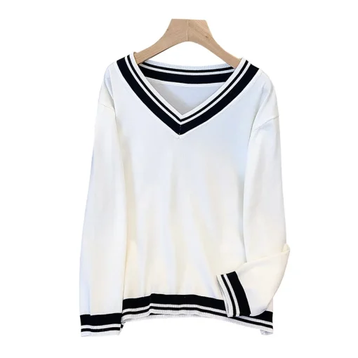 Plus Size V-Neck Striped Knit Loose Pullover Sweater - Image 6